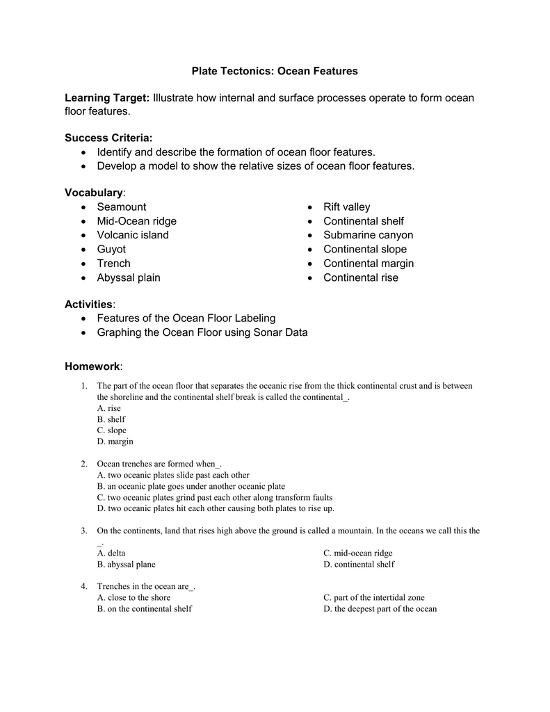 Ocean Features Objectives And Hw