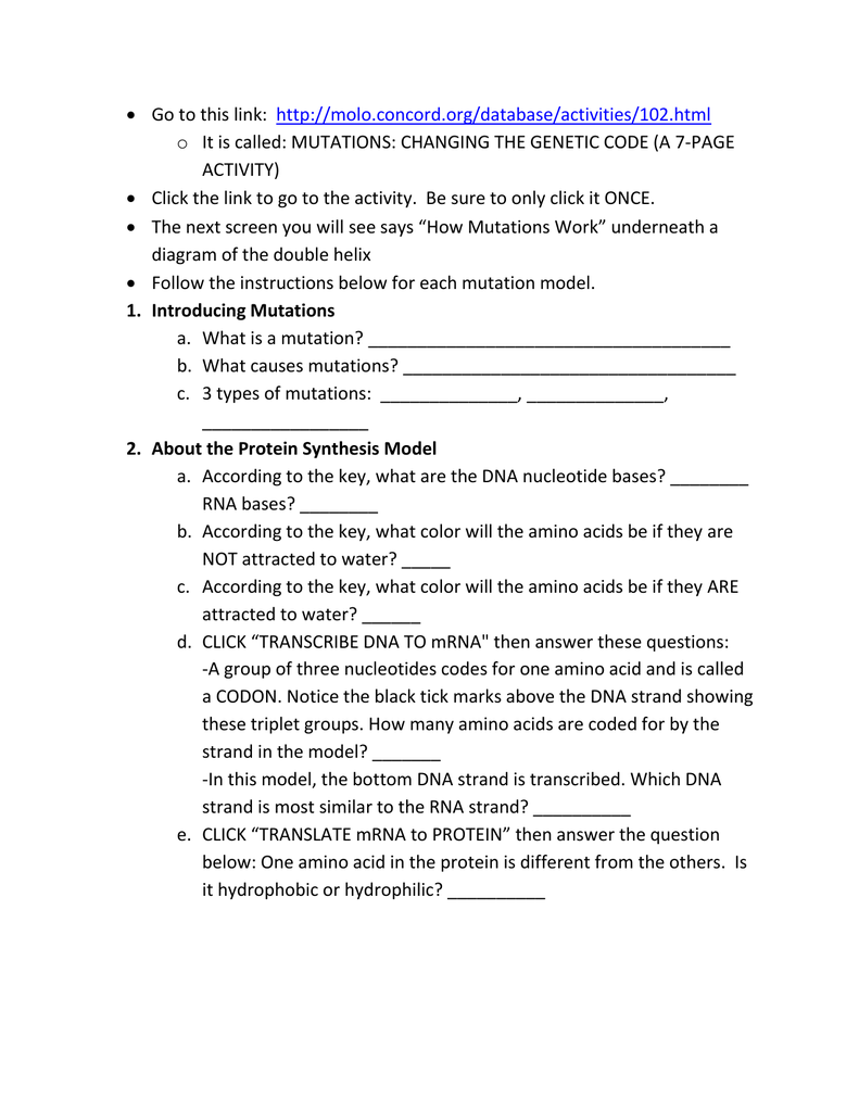 Protein Synthesis Mutation Webquest
