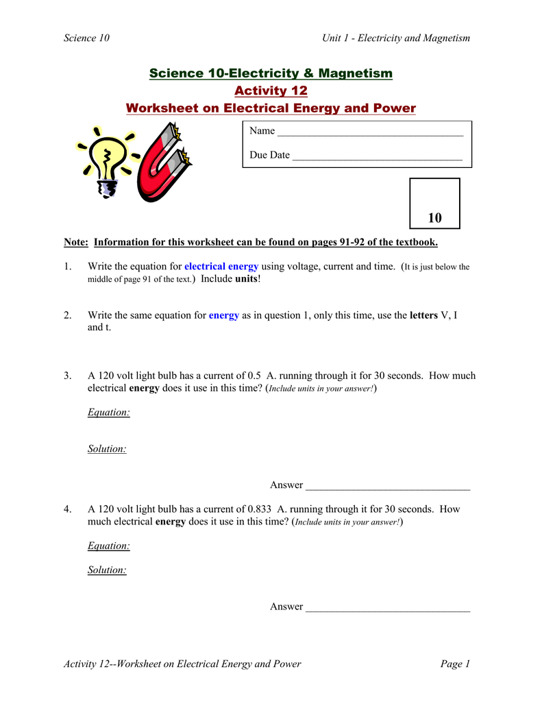 Activity 22 Electrical Energy Power With Regard To Electrical Power Worksheet Answers