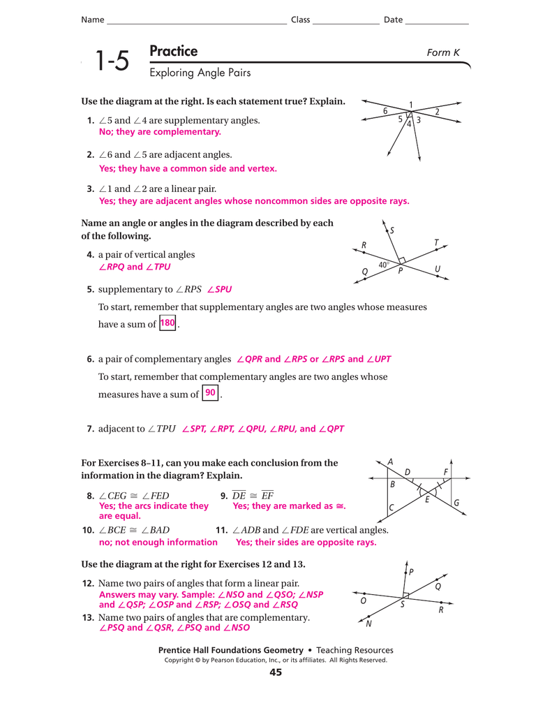 Exploring Angle Pairs In Pairs Of Angles Worksheet Answers