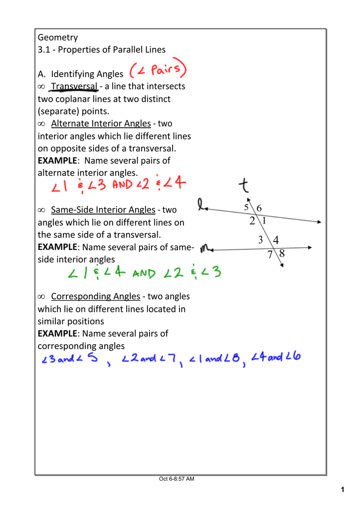 Geometry 3 1 Properties Of Parallel Lines A Identifying