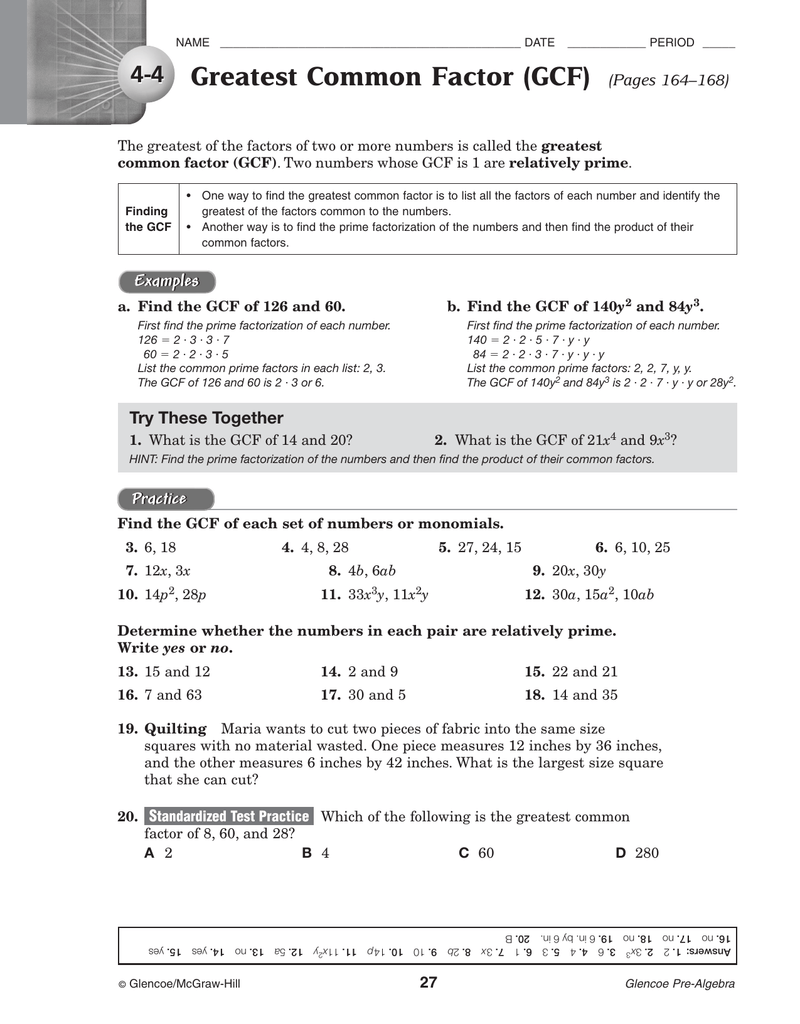 Greatest Common Factor Gcf Pages 164 168