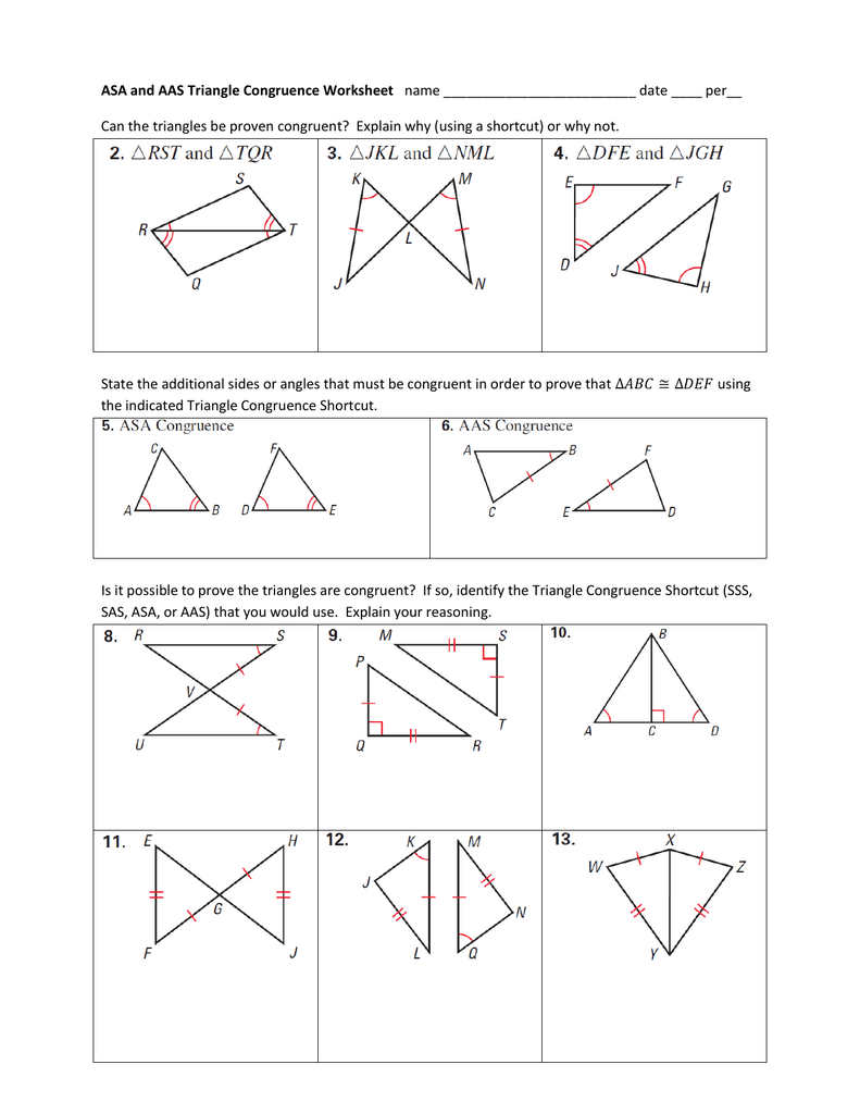 ASA and AAS Triangle Congruence Worksheet name date ____ per With Regard To Proving Triangles Congruent Worksheet