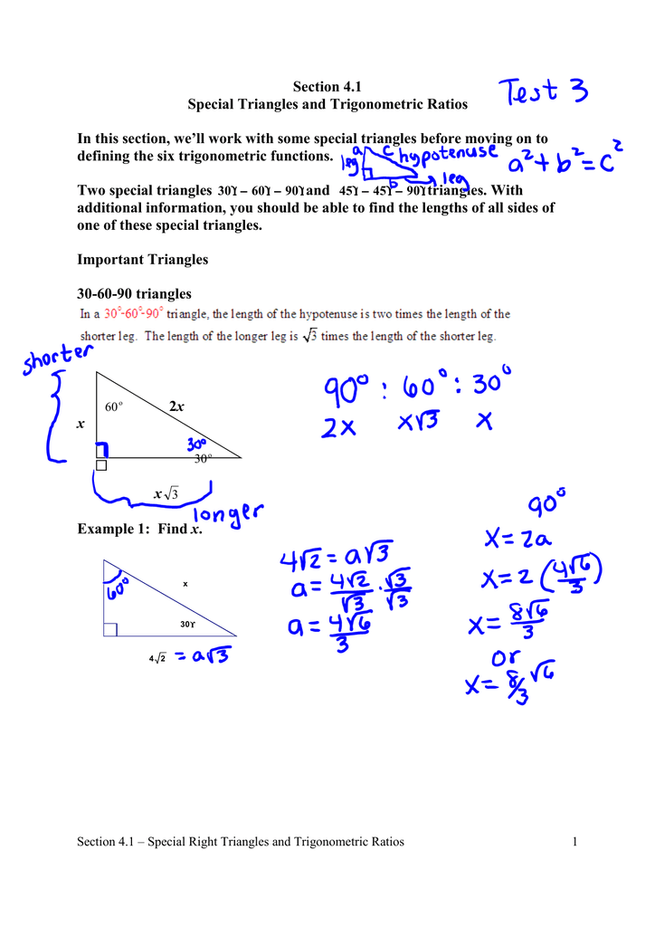 Section 4 1 Special Triangles And Trigonometric Ratios In This