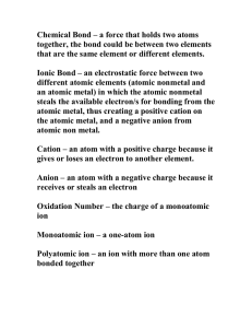 Chemical Bond – a force that holds two atoms together, the bond