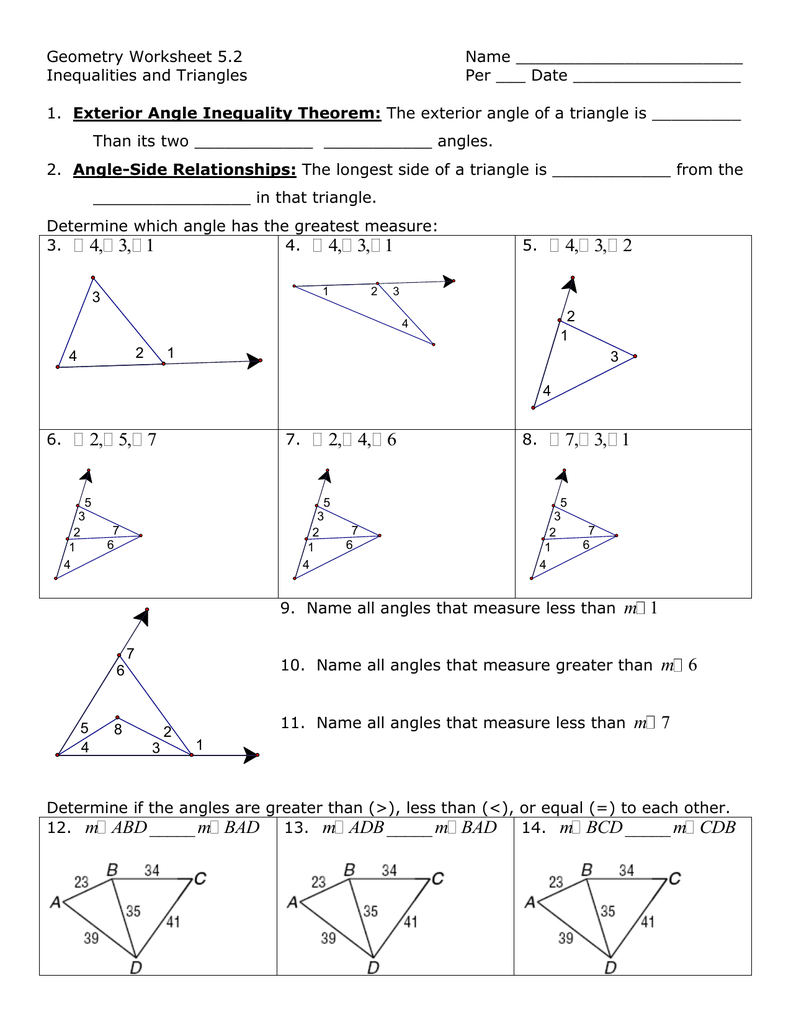 Geometry Worksheet 21 Inside Exterior Angle Theorem Worksheet