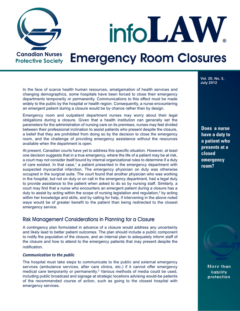Emergency Room Closures The Canadian Nurses Protective Society