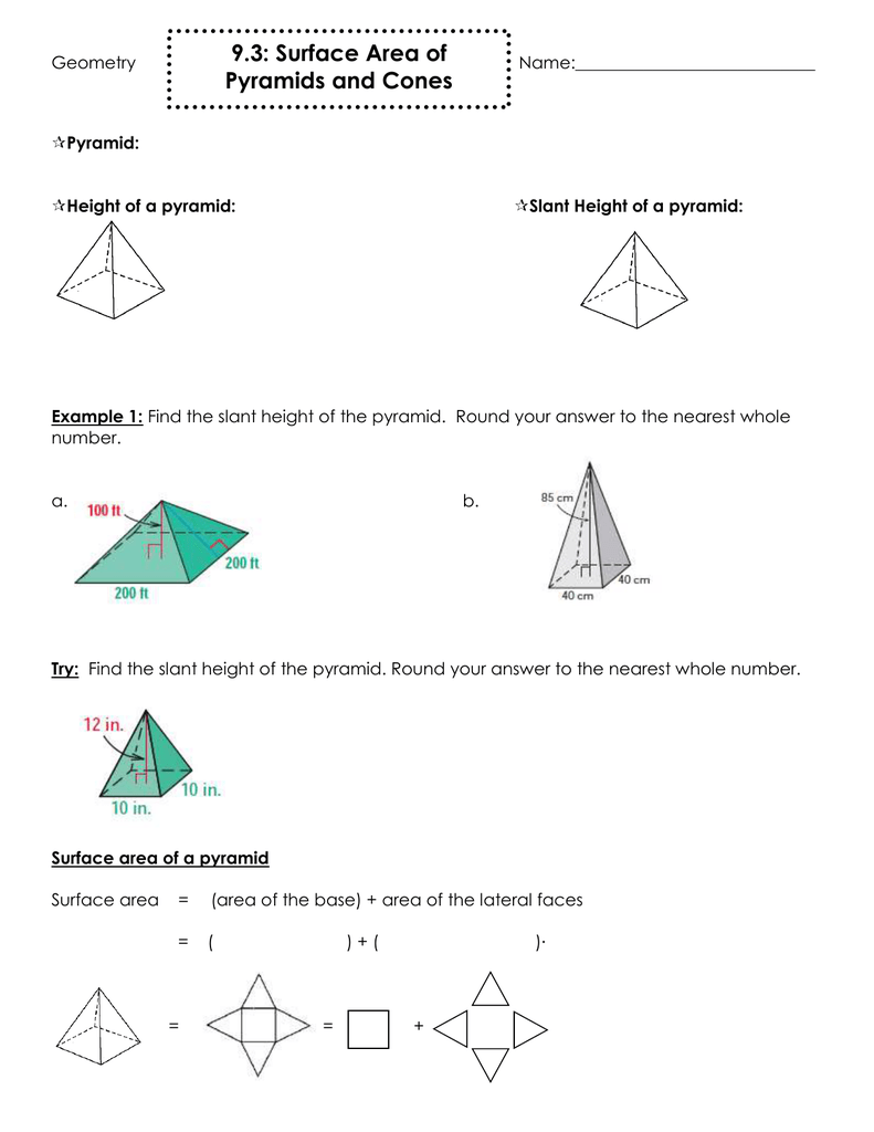 20.20: Surface Area of Pyramids and Cones Pertaining To Surface Area Of Pyramid Worksheet