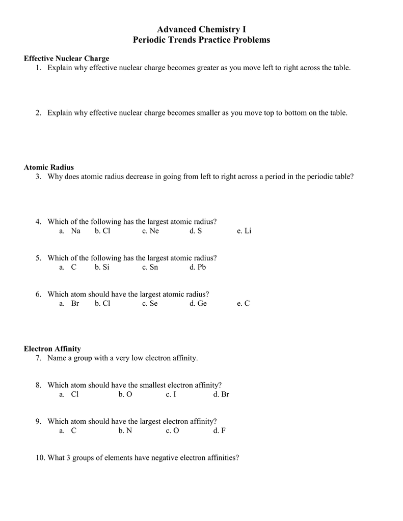 Periodic Trends Practice Problems In Periodic Trends Worksheet Answer Key