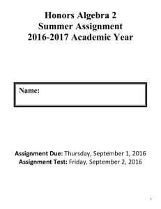 Honors Algebra 2 Summer Assignment 2016