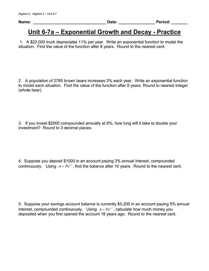 Unit 23-23a – Exponential Growth and Decay Regarding Growth And Decay Worksheet