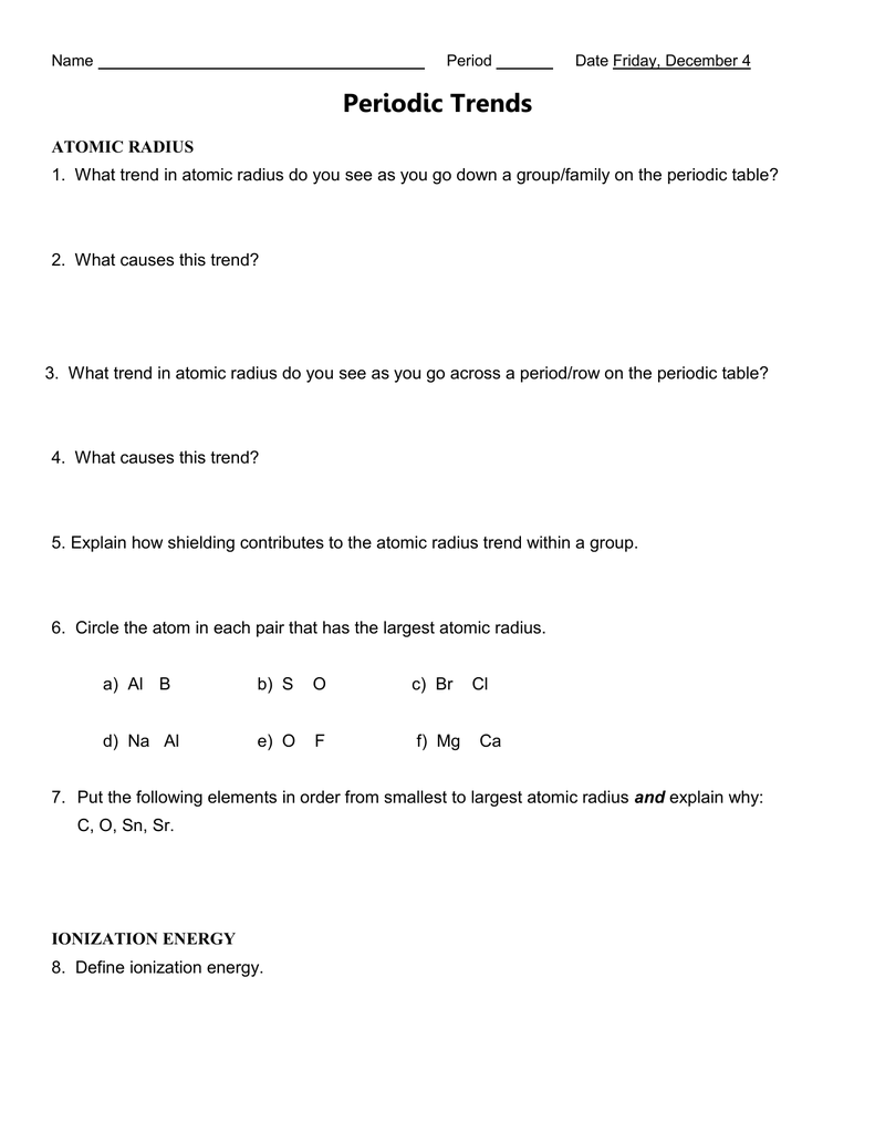 Periodic Trends Worksheet With Regard To Periodic Trends Practice Worksheet Answers