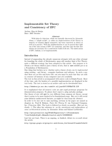 Implementable Set Theory and Consistency of ZFC