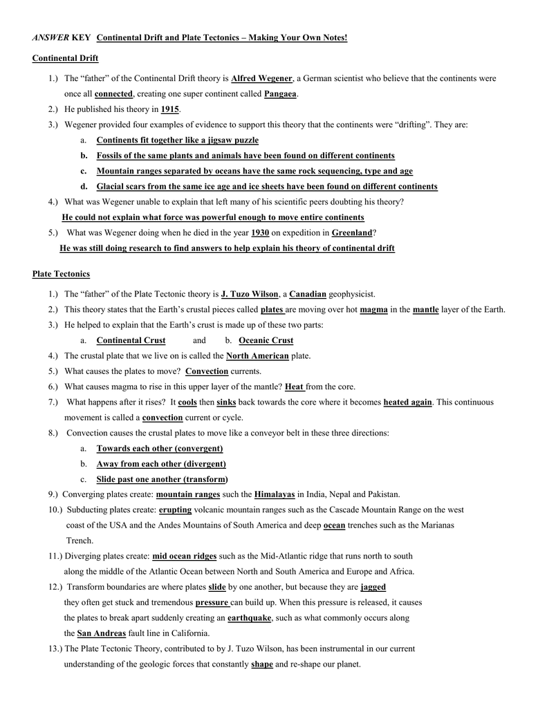 Continental Drift and Plate Tectonics ANSWER KEY Inside Plate Tectonics Worksheet Answer Key