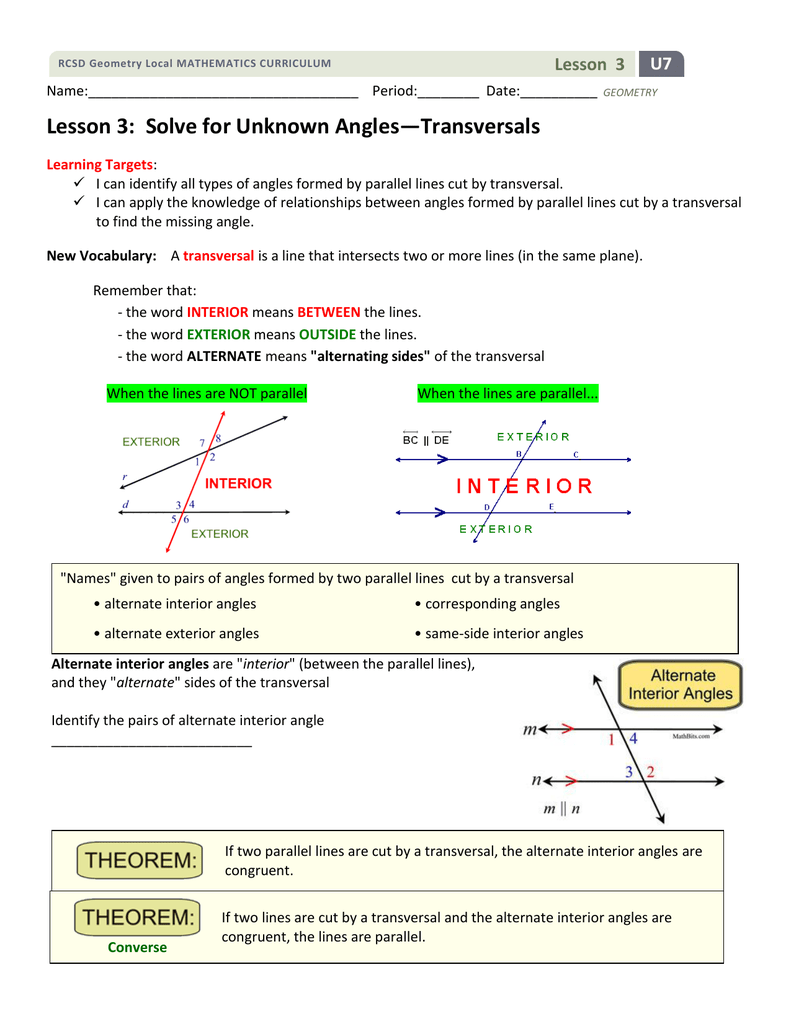 Lesson 3 Solve For Unknown Angles Transversals