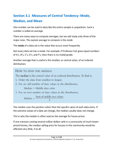 Section 3.1 Measures of Central Tendency: Mode, Median, and Mean
