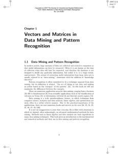 Vectors and Matrices in Data Mining and Pattern Recognition