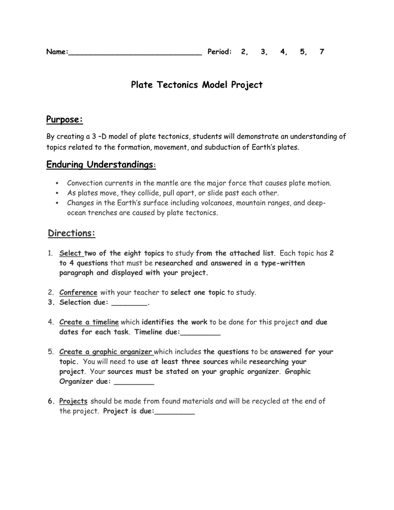 Rubric Plate Tectonics Model Project