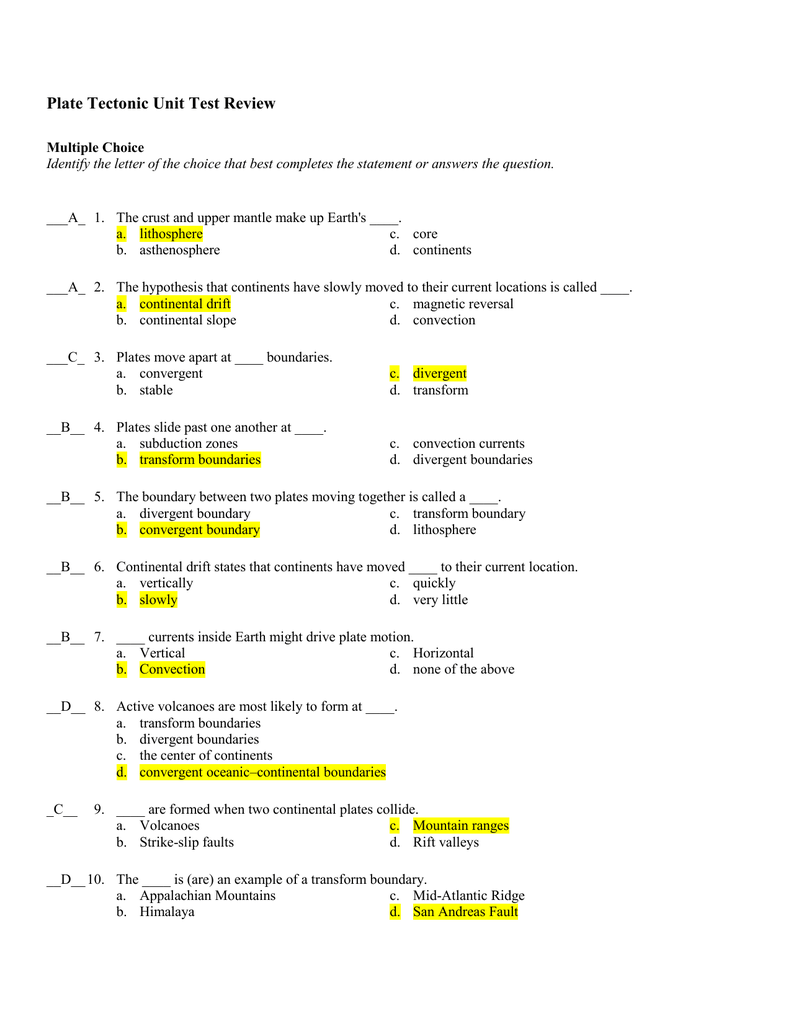 Plate Tectonic Unit Test Review Intended For Plate Tectonics Worksheet Answers