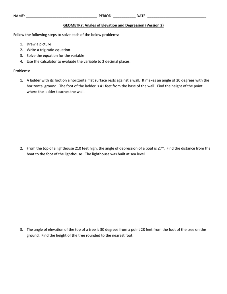 Angles of elevation/depression #11-11 With Trig Word Problems Worksheet