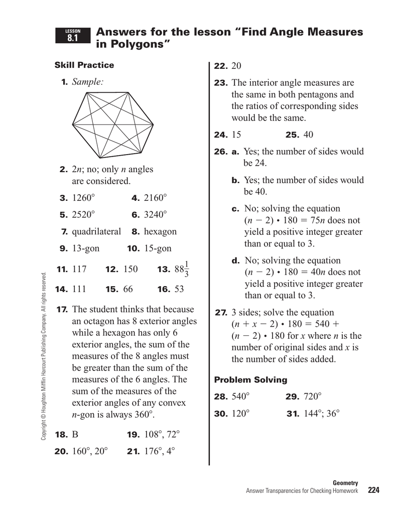 Answers For The Lesson Find Angle Measures In Polygons