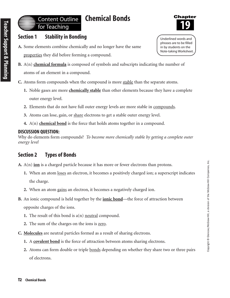 Section 25 Stability in Bonding For Chemical Bonds Worksheet Answers