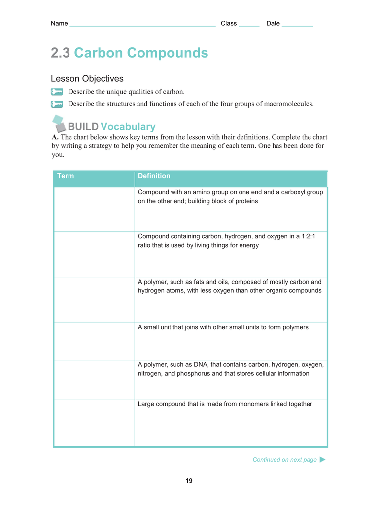 Organic Compounds Chart Answers