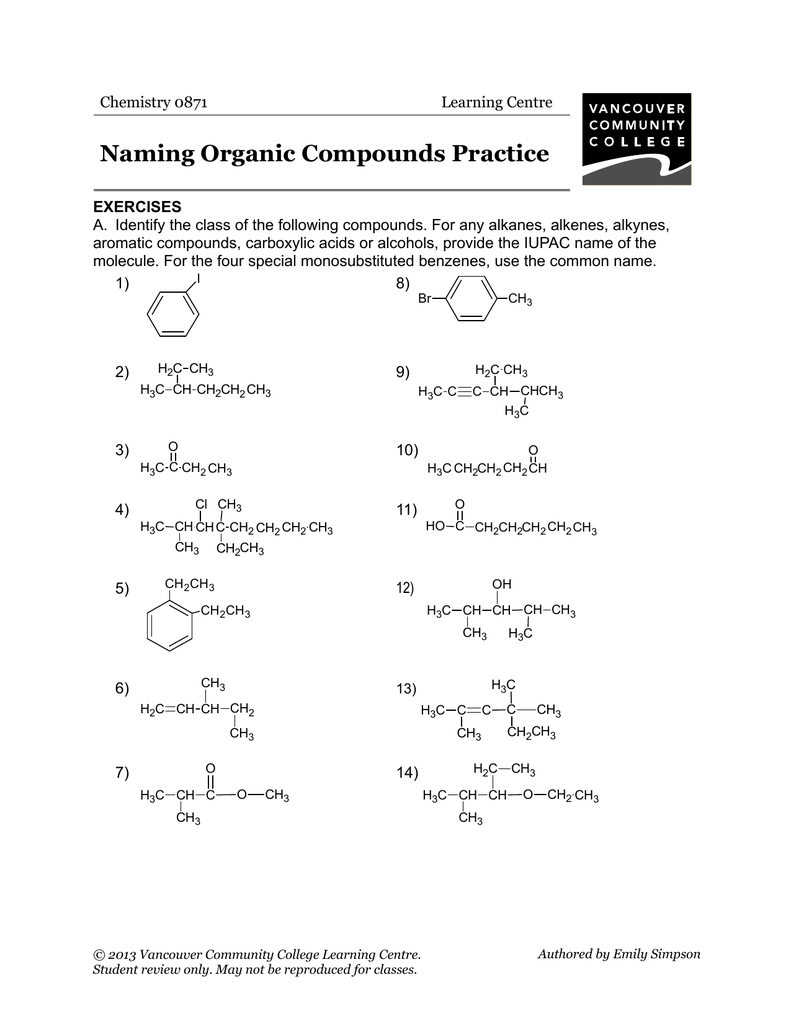 Naming Organic Compounds Practice - VCC Library Pertaining To Organic Chemistry Worksheet With Answers