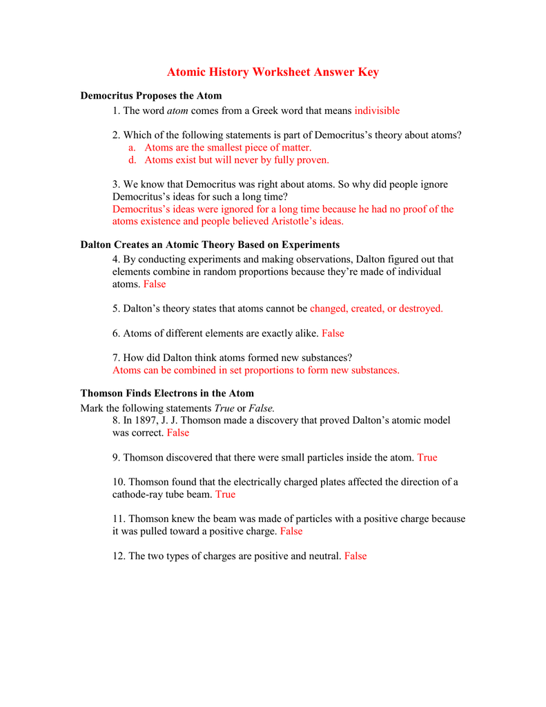 Atomic Theory Worksheet Answers