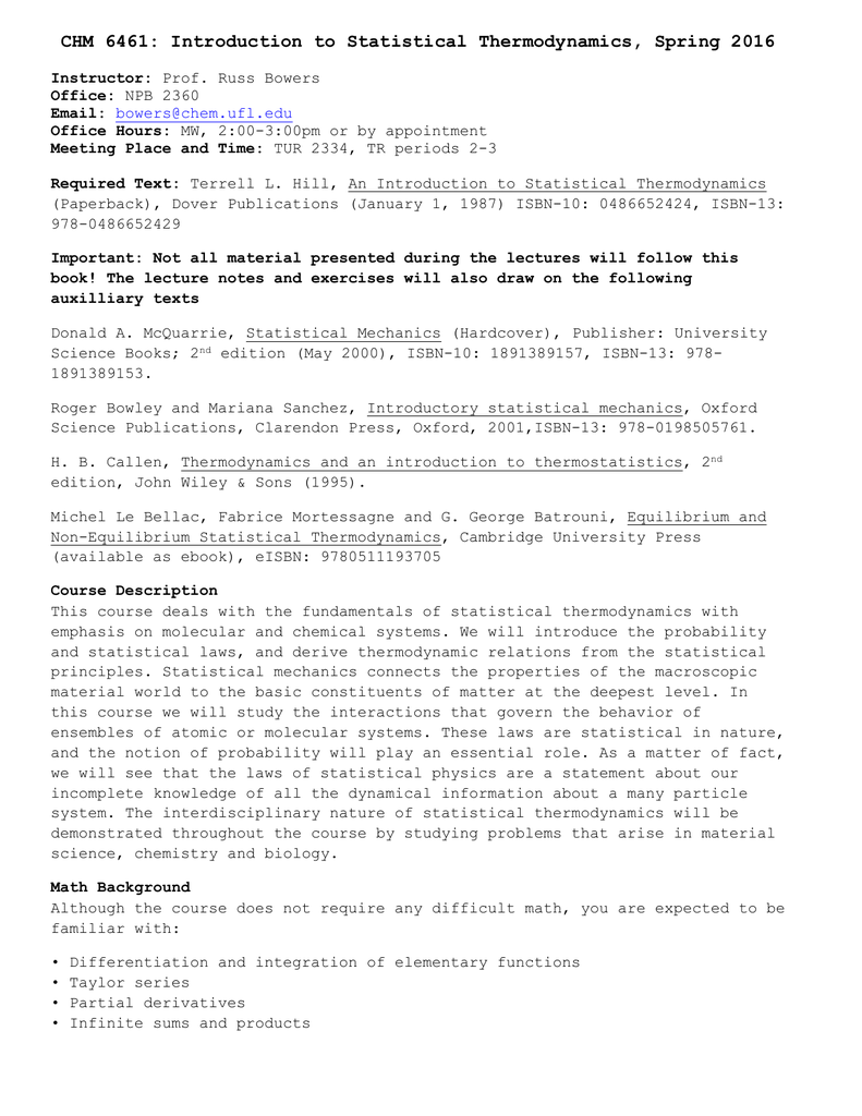 Chm 6461 Introduction To Statistical Thermodynamics Spring 2016