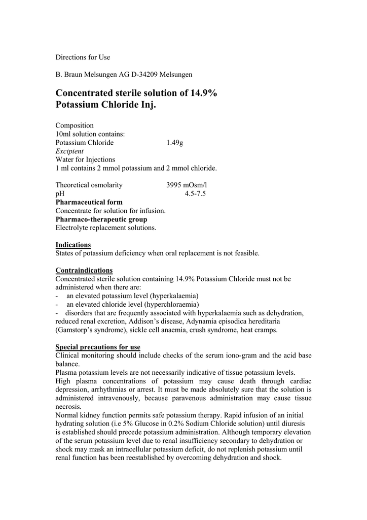 Concentrated Sterile Solution Of 14 9 Potassium Chloride Inj
