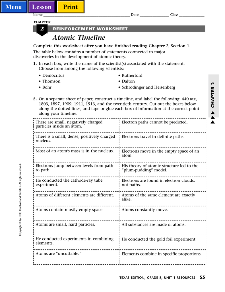 Atomic Timeline With History Of The Atom Worksheet