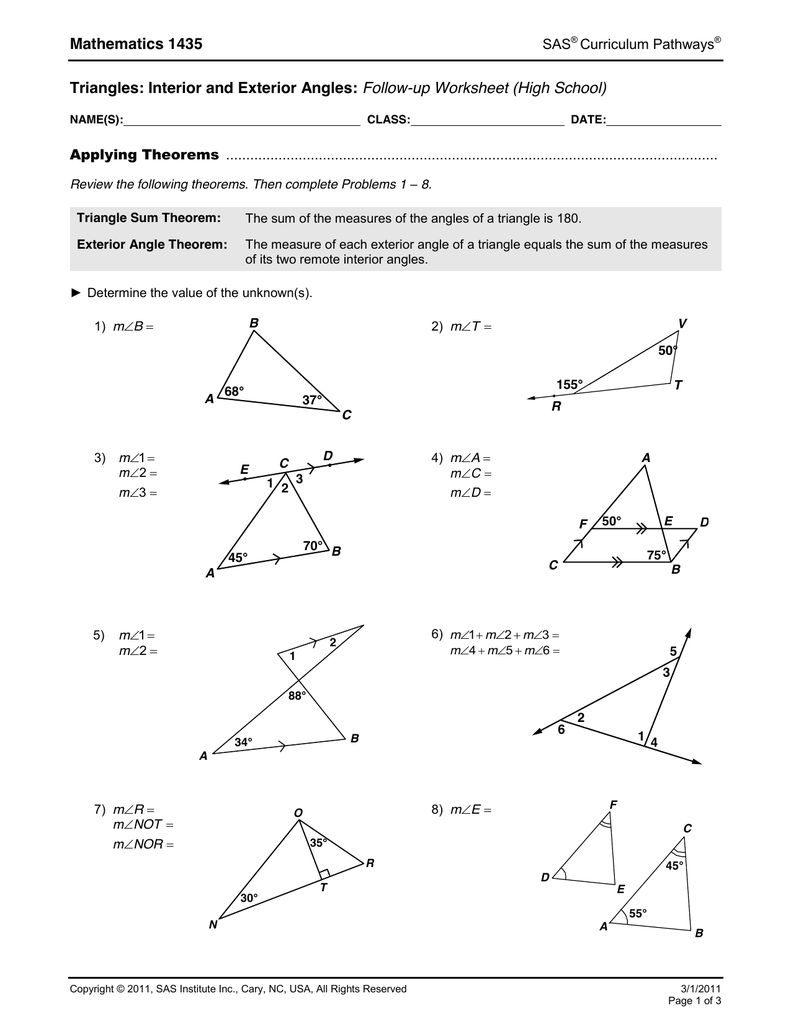 Mathematics 1435 Triangles Interior And Exterior Angles Follow