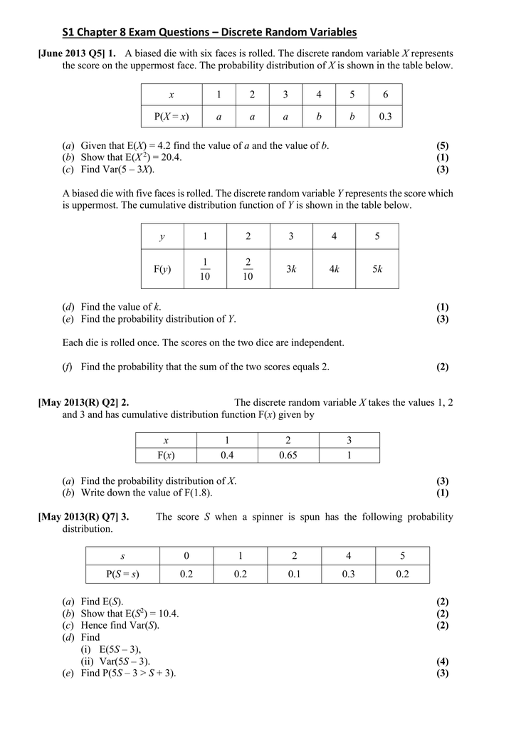 S1 Chp8 Discreterandomvars Examquestions S1 Chp8 Discreterandomvars Examquestions