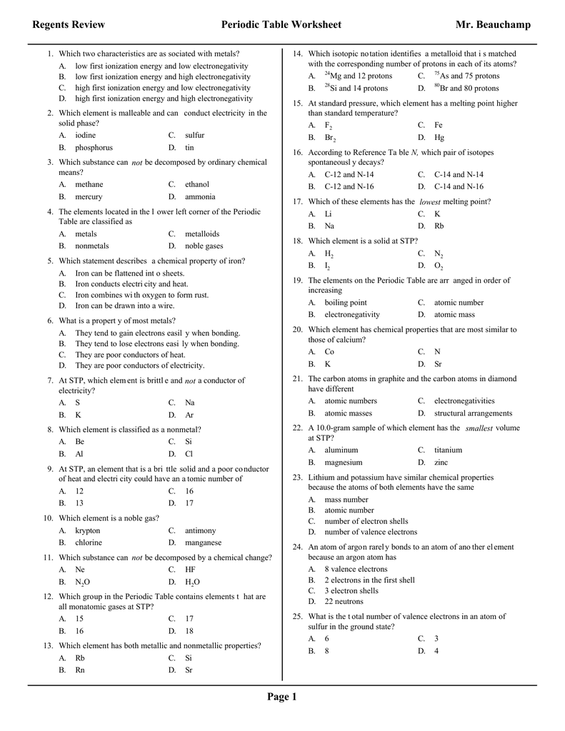 the Periodic Table Regents Review Worksheets with answers. In Worksheet Periodic Trends Answers