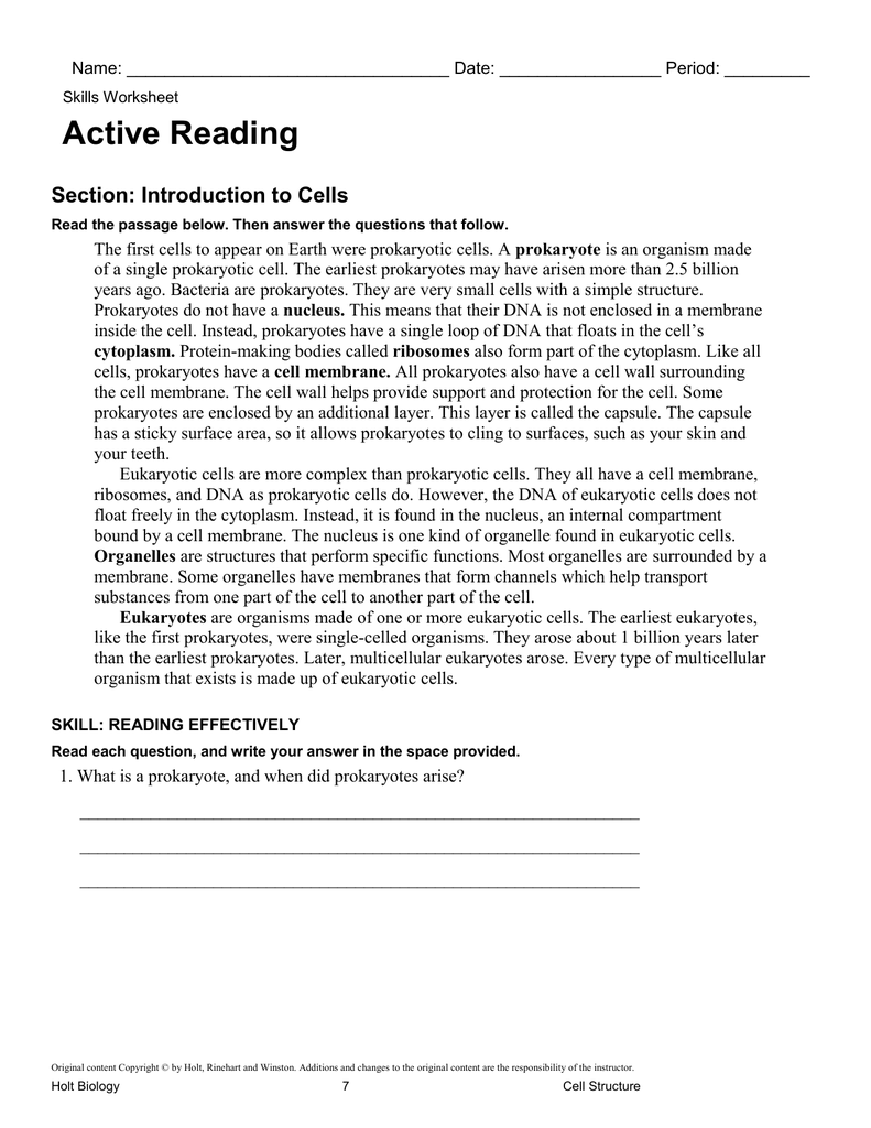 Active Reading Section: Introduction to Cells In Skills Worksheet Active Reading