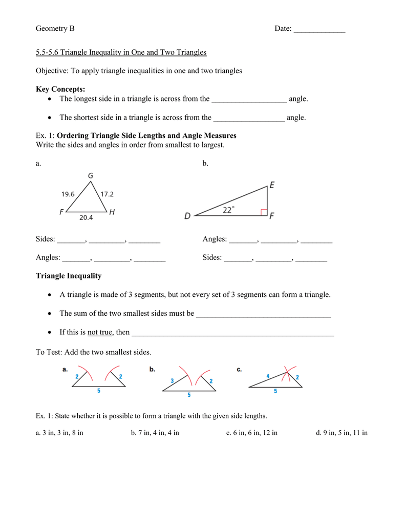 Geometry B Date: ______ 2225.2225-2225.25 Triangle Inequality in One and Regarding Triangle Inequality Theorem Worksheet