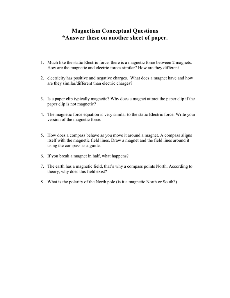 Magnetism Conceptual Questions Pertaining To Bill Nye Magnetism Worksheet Answers