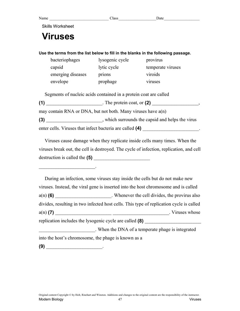 Skills Worksheet Regarding Virus And Bacteria Worksheet Answers