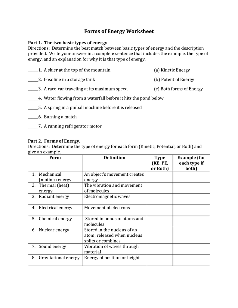 Forms of Energy Worksheet Inside Introduction To Energy Worksheet