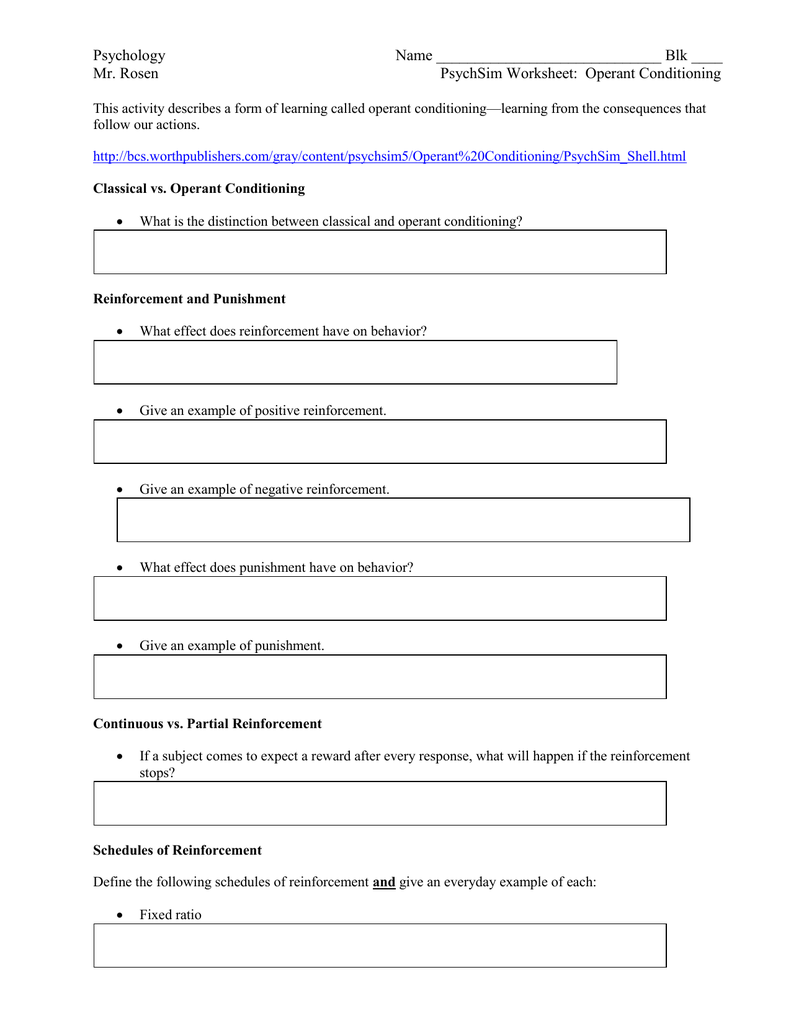 PsychSim Operant Conditioning - Rosen Inside Schedules Of Reinforcement Worksheet