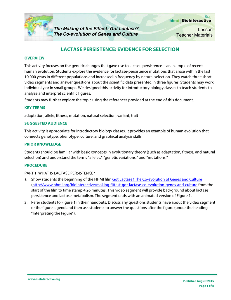 Lactase Persistence Evidence For Selection Lactase Persistence Evidence For Selection