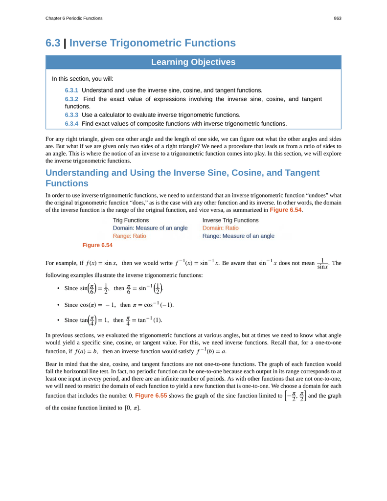 6 3 Inverse Trigonometric Functions 6 3 Inverse Trigonometric Functions