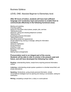 Business Syllabus LEVEL ONE: Absolute Beginner to Elementary