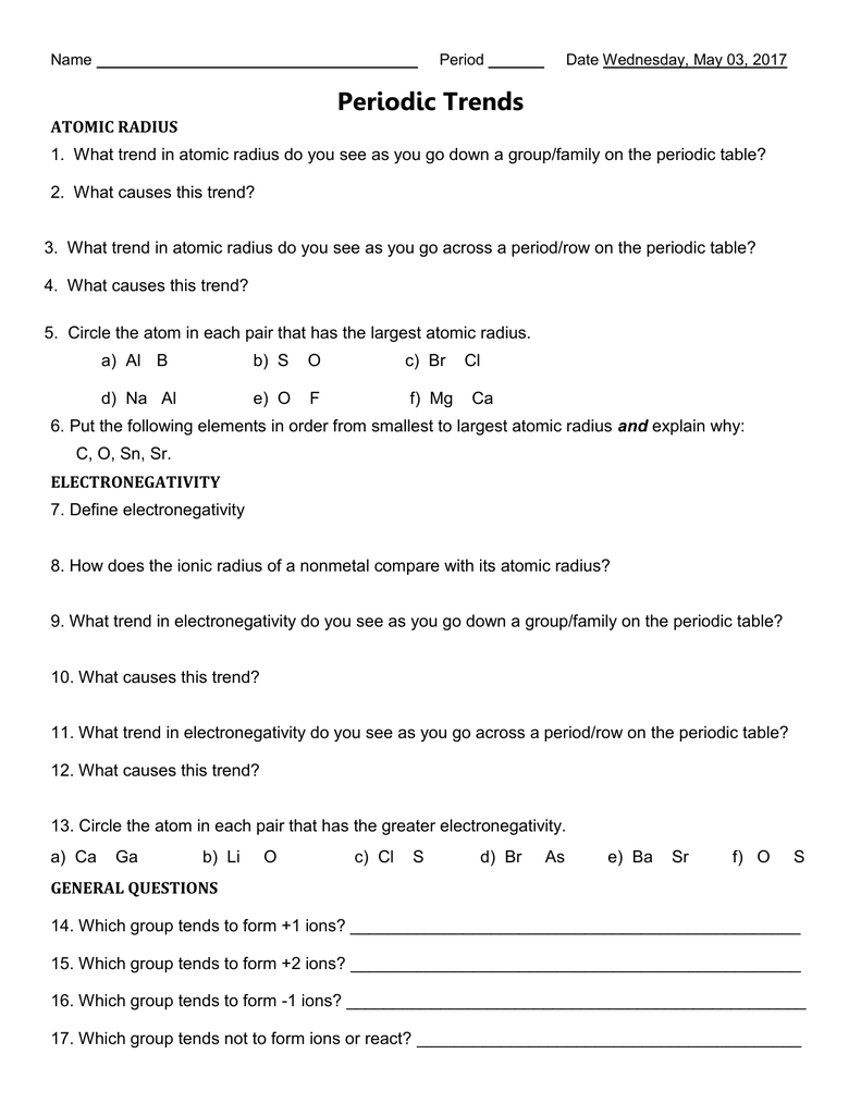 periodic trends worksheet Pertaining To Periodic Trends Practice Worksheet Answers