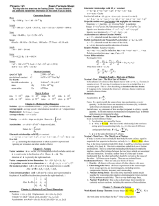 Physics 121 Exam Sheet - BYU Physics and Astronomy