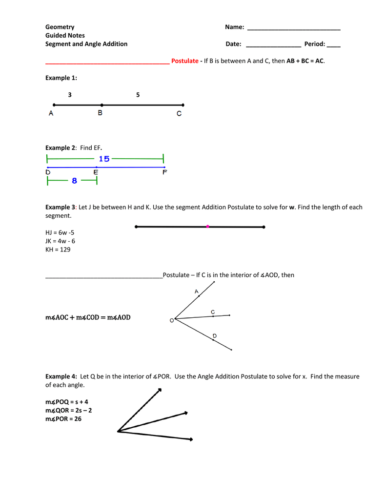 Guided Notes - Segment and Angle Addition Pertaining To Angle Addition Postulate Worksheet
