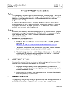 Policy: Food Selection Criteria NO: FD: 13 Effective: 10/11 Revised