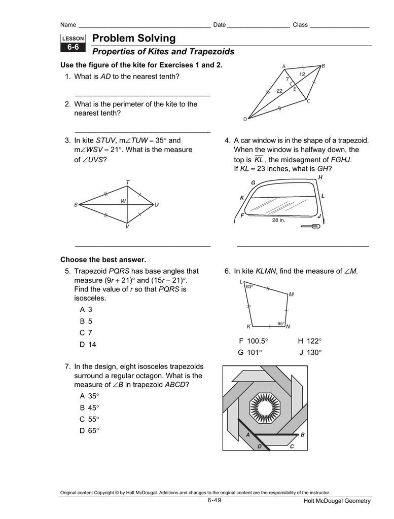 Document Inside Geometry Worksheet Kites And Trapezoids