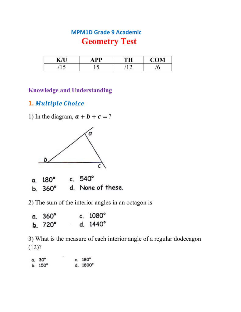 Mpm1d Grade 9 Geometry Test 2